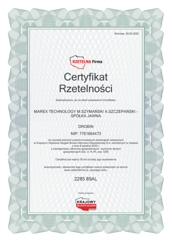 Certyfikat Rzetelnosci MAREX TECHNOLOGY SP. J. [PL]